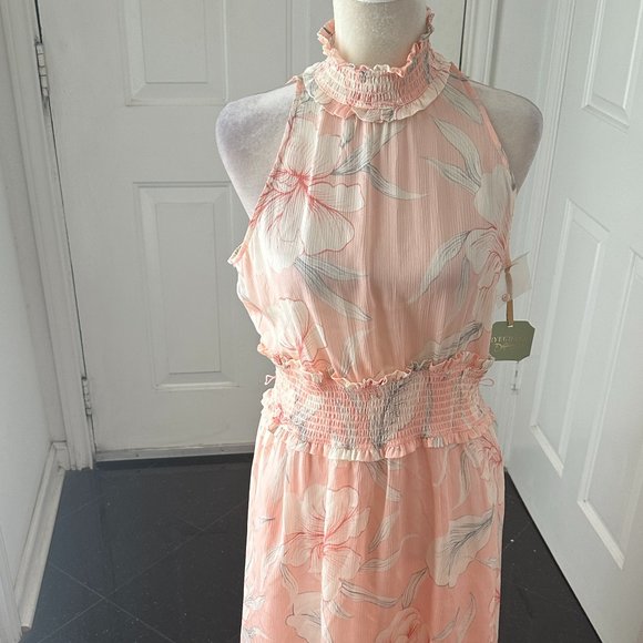 NWT RYEGRASS Women's Dress Peach Floral Sleeveless High Neck Smocked Waist SZ M - Picture 3 of 14